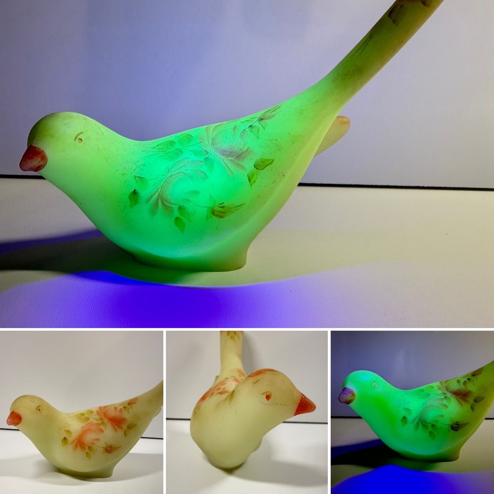 Fenton Burmese Custard Uranium Bird Figurine Hand Painted Roses Signed GLOWS 7"